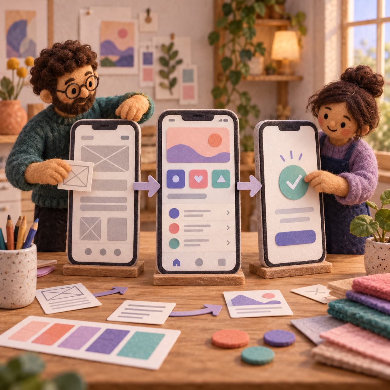 Felt designers shaping wireframes, interface screens and a completed mobile app flow