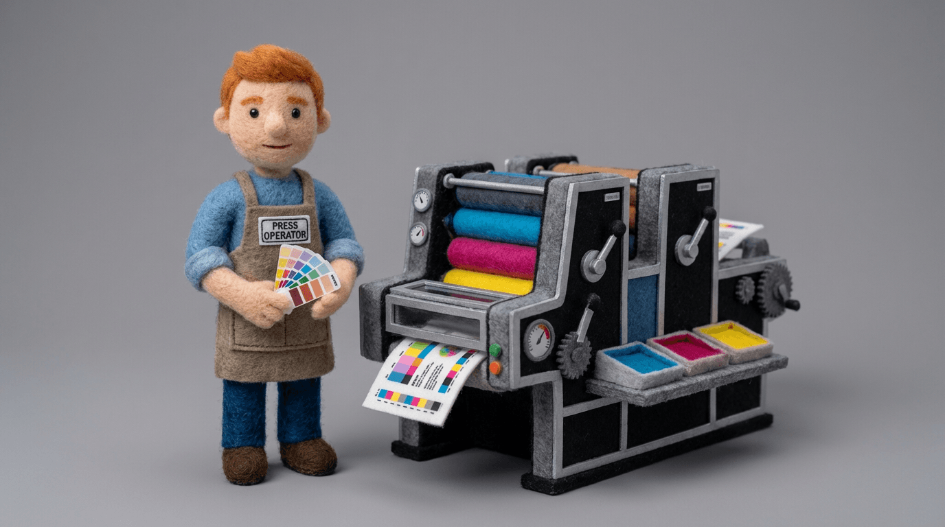 Print operator working beside a professional printing press