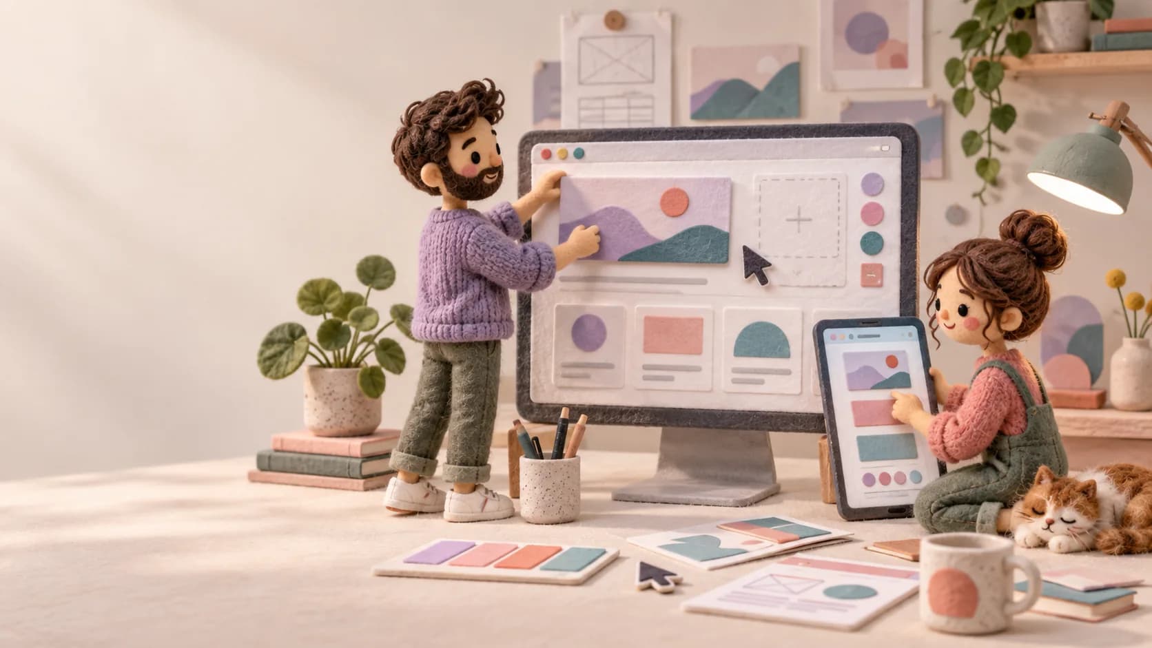 Felt miniature designers arranging responsive website layouts on a desktop screen and tablet