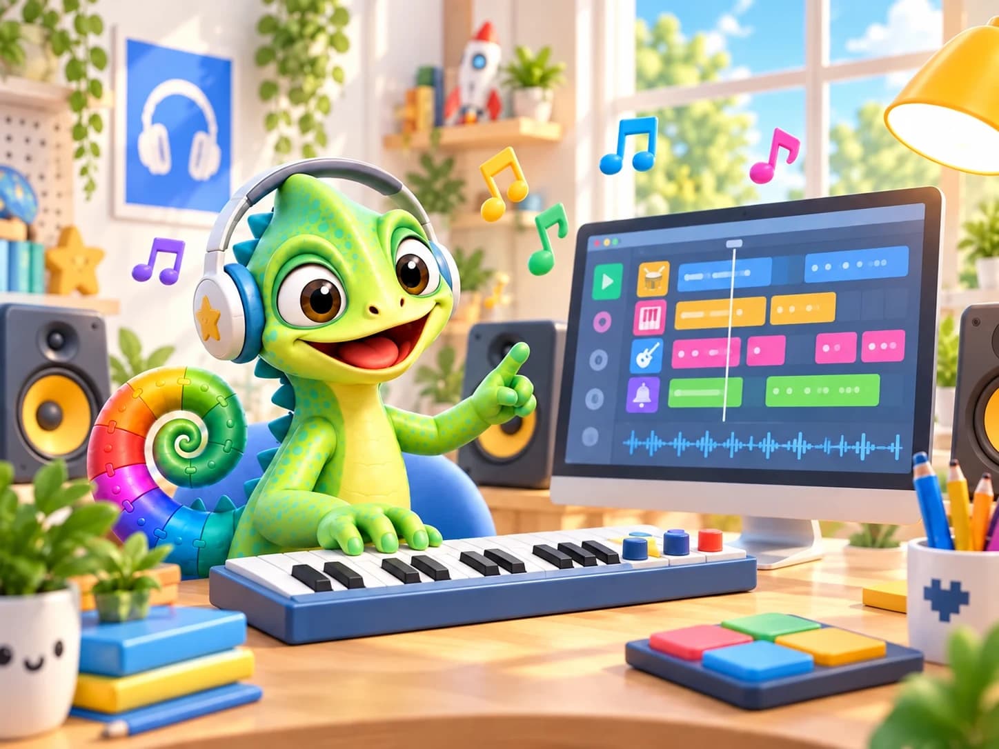 Pli the chameleon makes music in a colourful studio with a keyboard and coding blocks