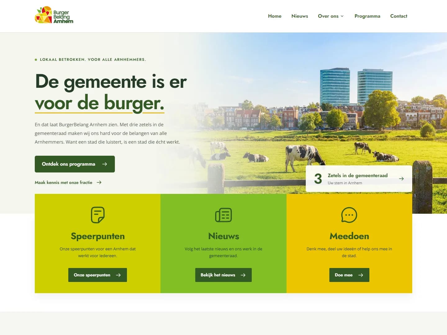 Screenshot of the BurgerBelang Arnhem homepage with the headline De gemeente is er voor de burger and the Arnhem skyline