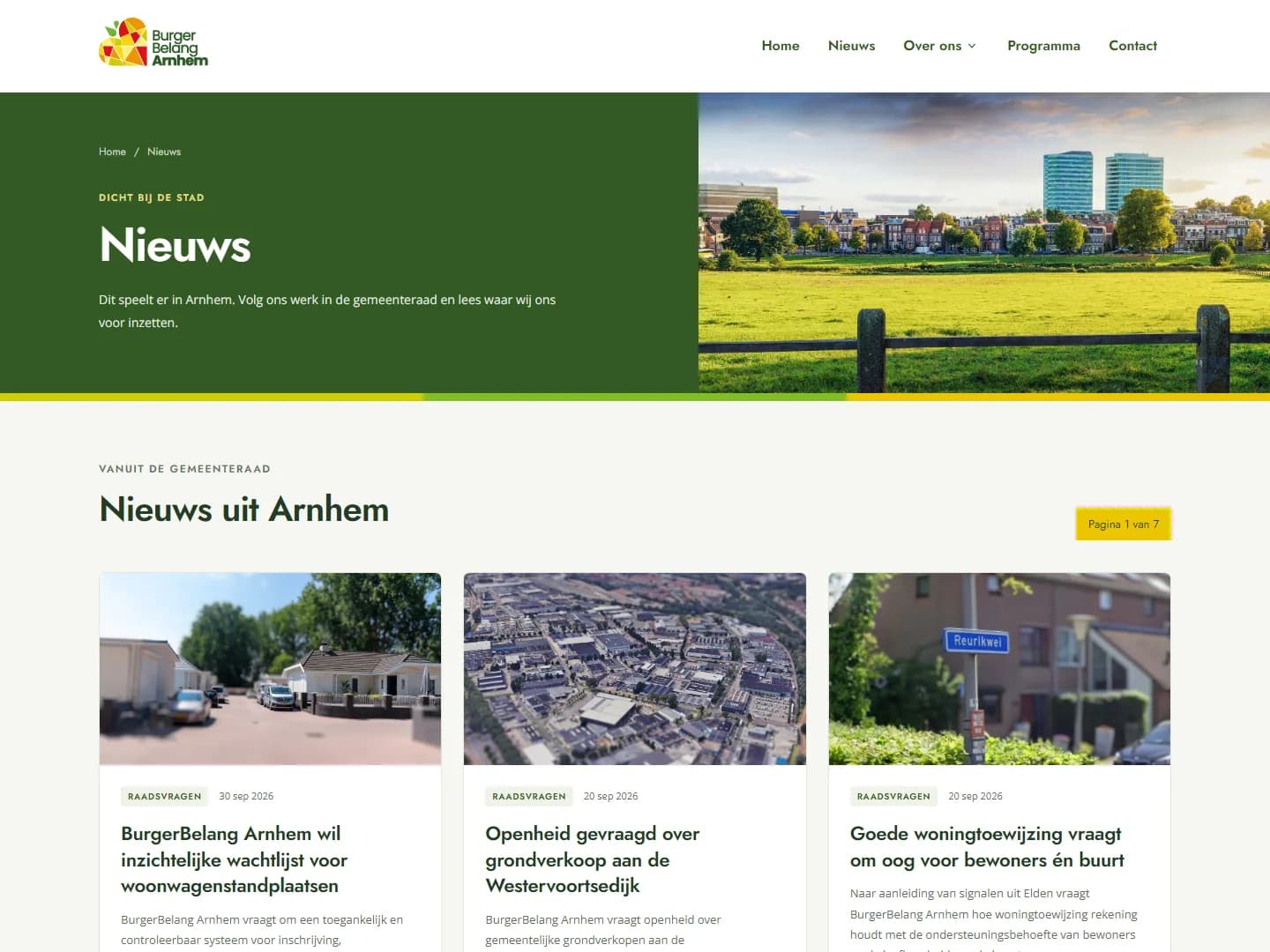 Screenshot of the BurgerBelang Arnhem news page with the Arnhem skyline and a grid of local news articles