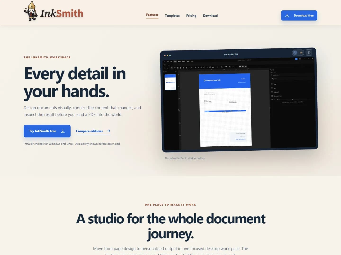Screenshot of the InkSmith features page showing its desktop document editor and the headline Every detail in your hands