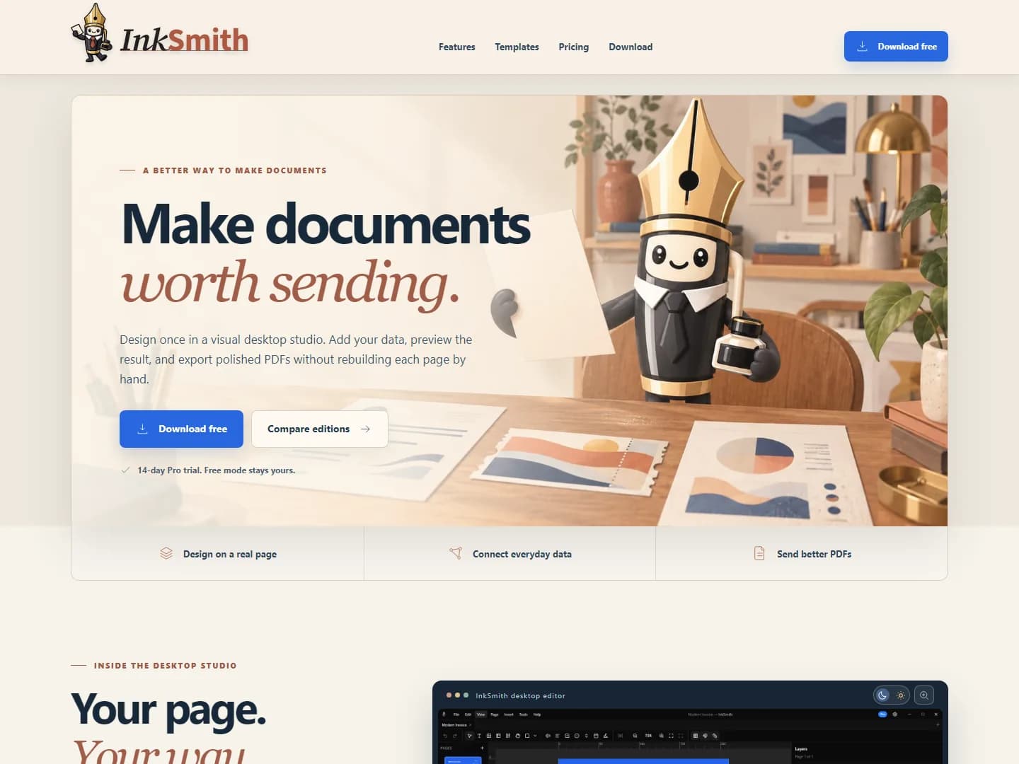 Screenshot of the InkSmith homepage with the headline Make documents worth sending and its pen-nib mascot