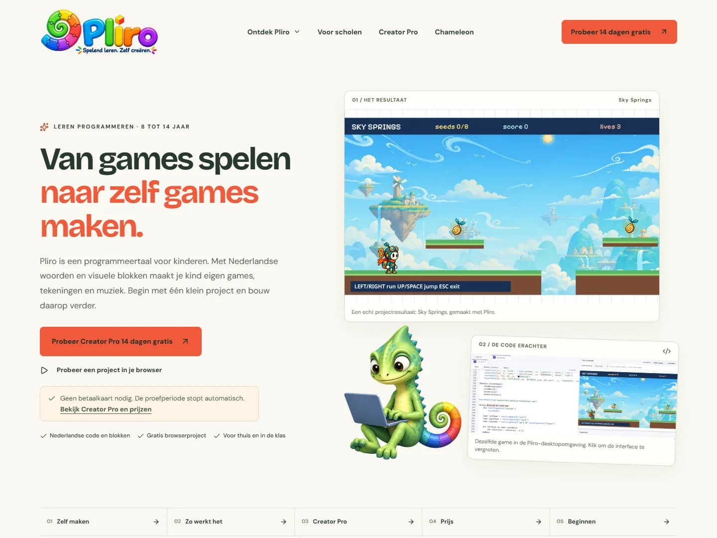 Screenshot of the Pliro homepage with a colorful game preview and Pli the chameleon